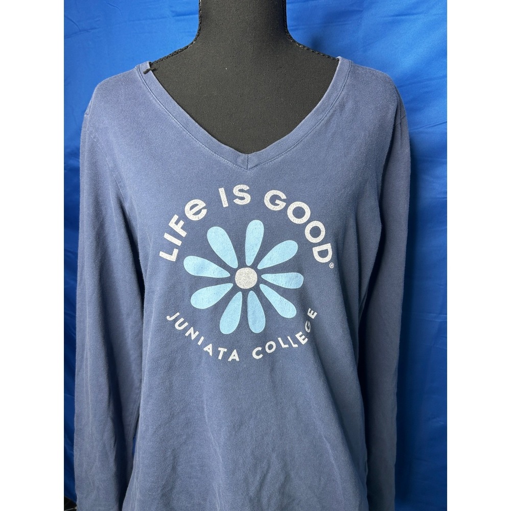 Life Is Good Womens Blue Crusher Long Sleeve Tee Sz L Whimsical Cotton Daisy